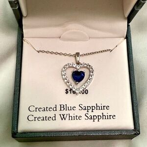 Lab Created Blue Sapphire, Heart Necklace brand new